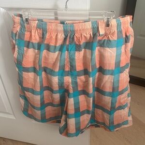 Columbia Men's Peach and Teal Plaid Swim Shorts